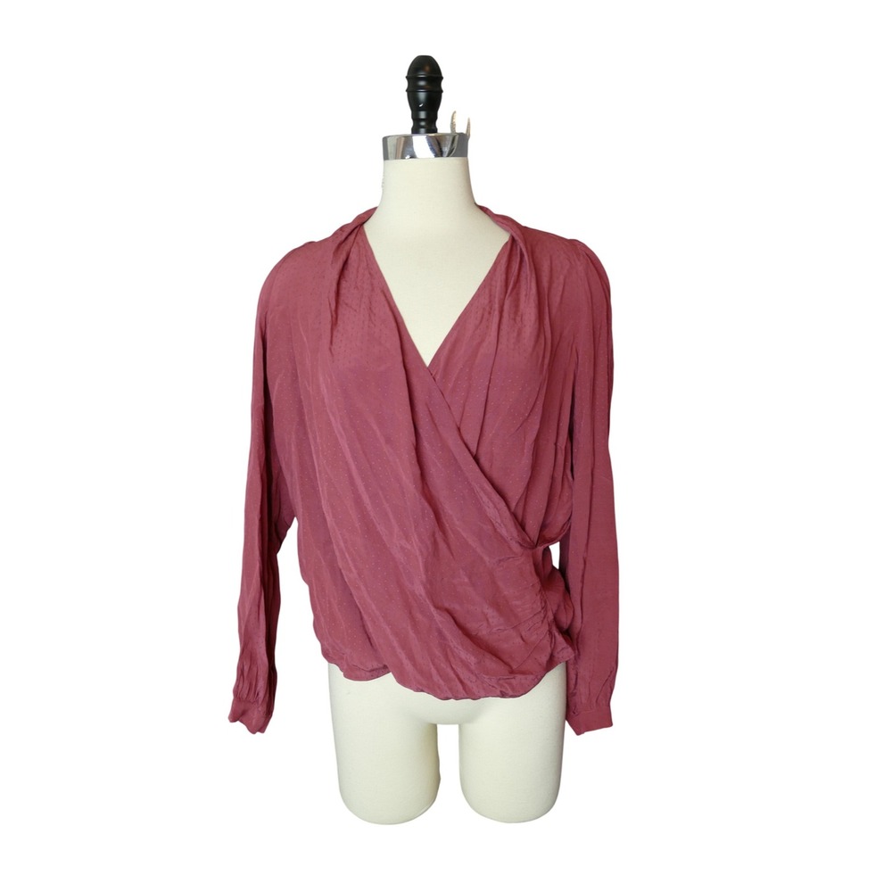 Sezane Abelia Wrap Blouse Top Burgundy Plum Long Sleeve Size 36 Dot Print